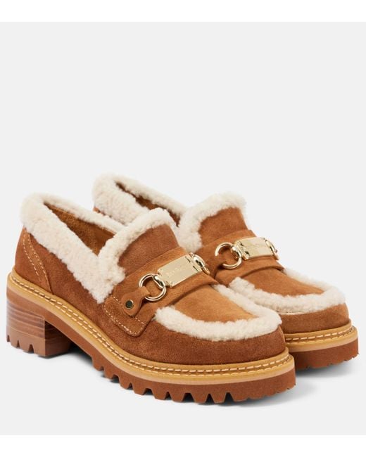 See By Chloé Brown Juliet Shearling-trimmed Suede Loafer Pumps