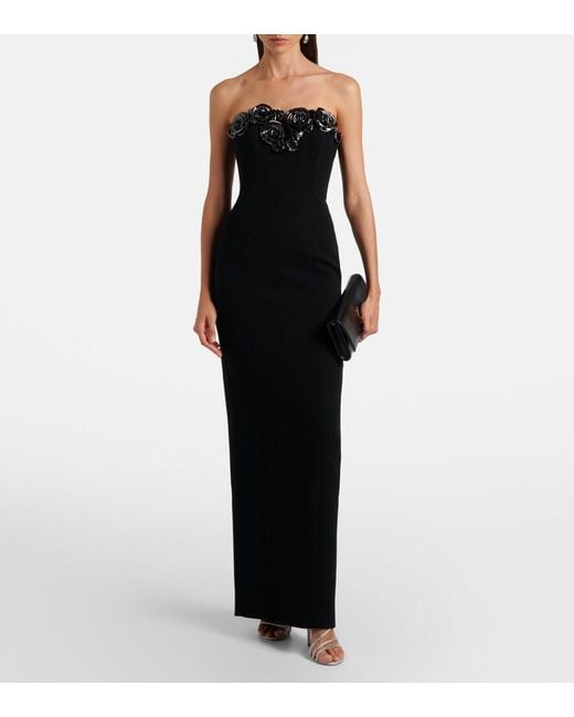 Rachel Gilbert Black Mirage Floral-Applique Bustier Gown