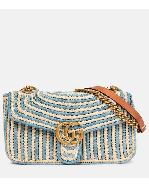 Gucci Blue GG Marmont Small Raffia Shoulder Bag