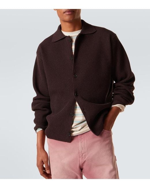 Auralee Brown Ribbed-Knit Wool Cardigan for men