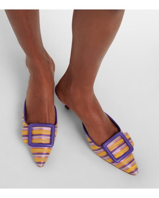 Manolo Blahnik Blue Maysalebi Striped Leather-Trimmed Mules