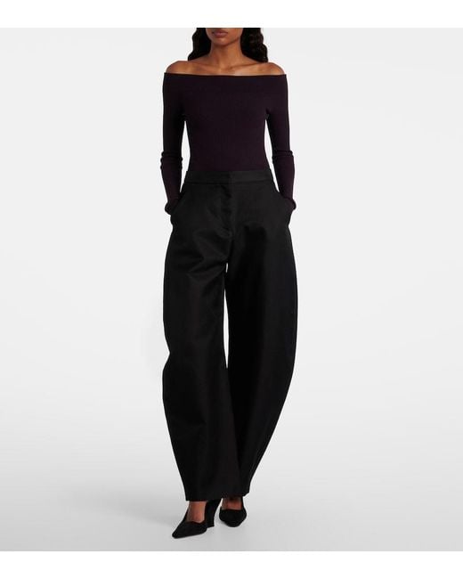 Alaïa Blue Ribbed-Knit Off-Shoulder Bodysuit