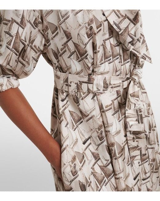Max Mara White Printed Tie-Neck Silk Twill Midi Dress