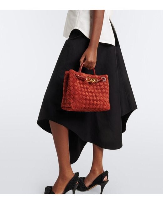 Bottega Veneta Red Andiamo Intrecciato Small Suede Tote Bag