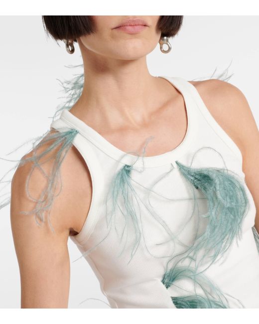 Acne Blue Feather-trimmed Cotton-blend Tank Top