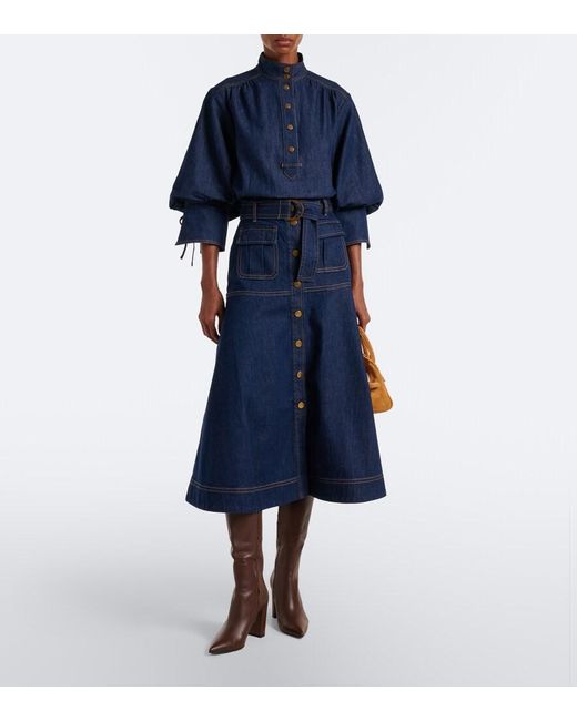 Zimmermann Blue Belted Denim Midi Skirt