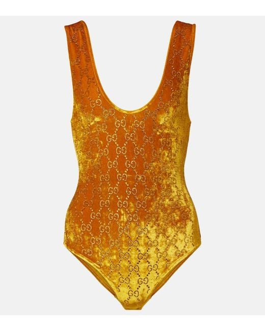 Gucci Orange Gg Embellished Velvet Bodysuit