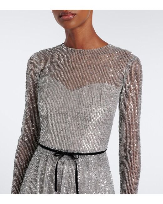 Monique Lhuillier Gray Bow-Detail Sequined Tulle Bustier Gown