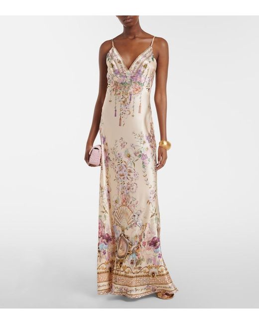 Camilla Natural Embellished Floral Silk Slip Dress