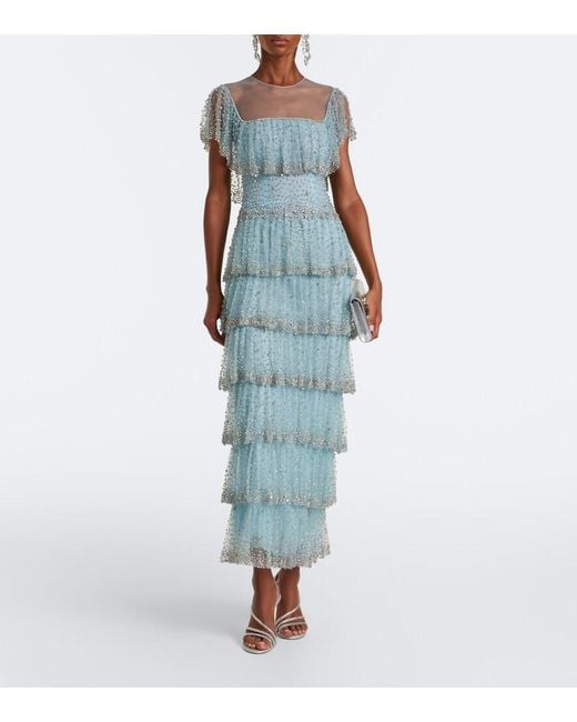 Costarellos Blue Crystal-Embellished Tiered Mesh Gown