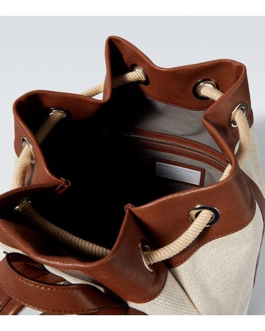Brunello Cucinelli Brown Leather-Trimmed Canvas Backpack for men