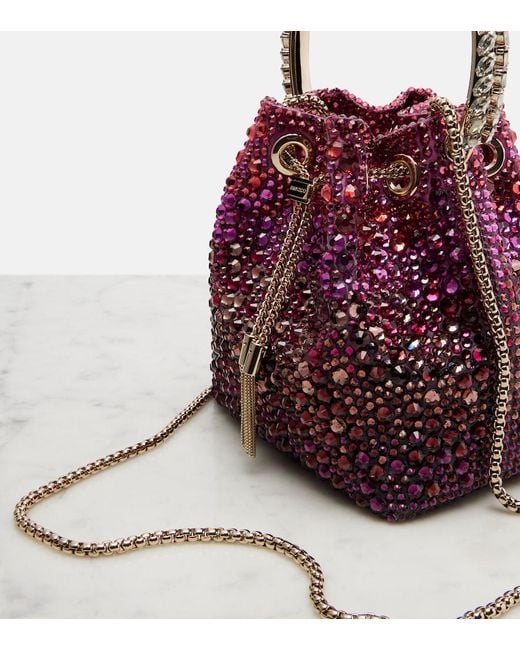 Jimmy Choo Red Bon Bon Embellished Satin Bucket Bag