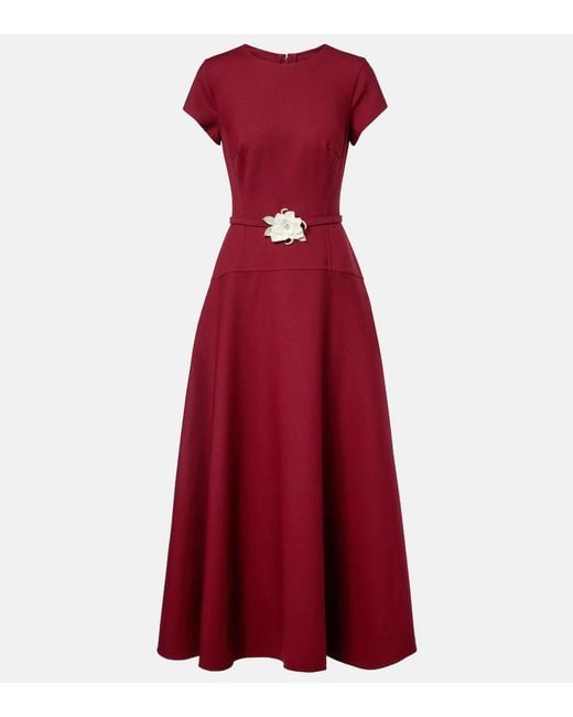 Oscar de la Renta Red Floral-Applique Wool-Blend Crepe Maxi Dress