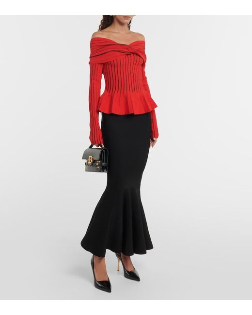 Balmain Red Off-Shoulder-Top Aus Strick