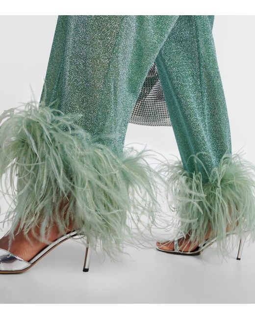 Oseree Green Lumiere Plumage Feather-trimmed Lame Pants