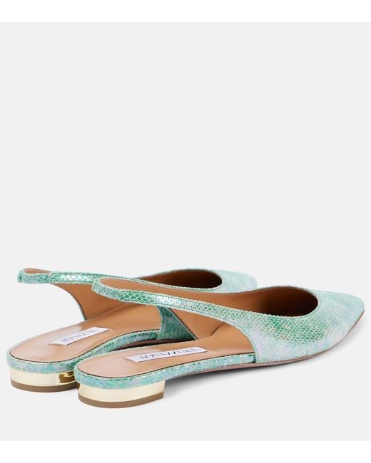 Aquazzura Green Purist Snake-Effect Leather Slingback Flats
