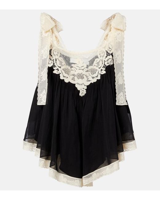 Zimmermann Black Roselight Lace-Trimmed Cotton And Silk Top