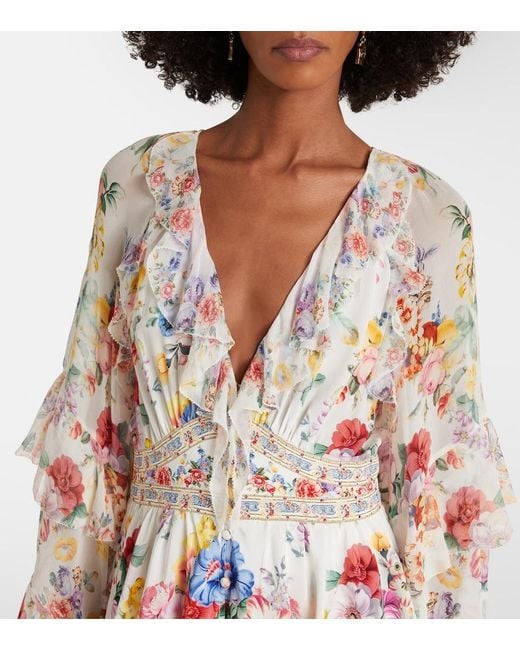 Camilla White Embellished Floral Ruffled Silk Minidress
