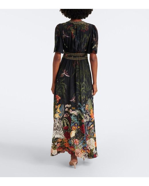 Camilla Black Embellished Printed Silk Satin Maxi Dress