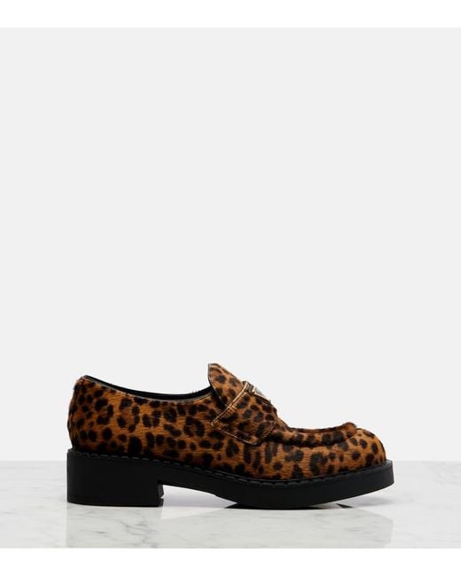 Prada Brown Leopard-Print Calf Hair Penny Loafers