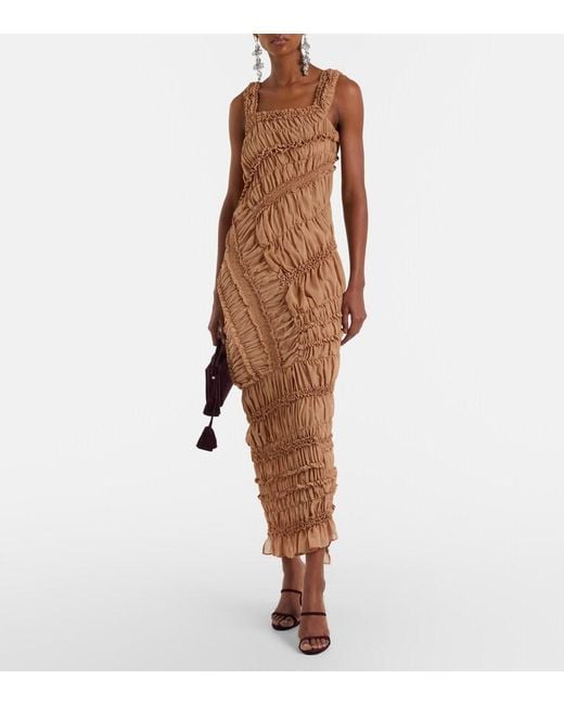 Magda Butrym Brown Ruched Ruffled Cotton Midi Dress
