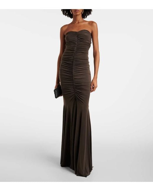 Norma Kamali Brown Strapless Ruched Jersey Gown