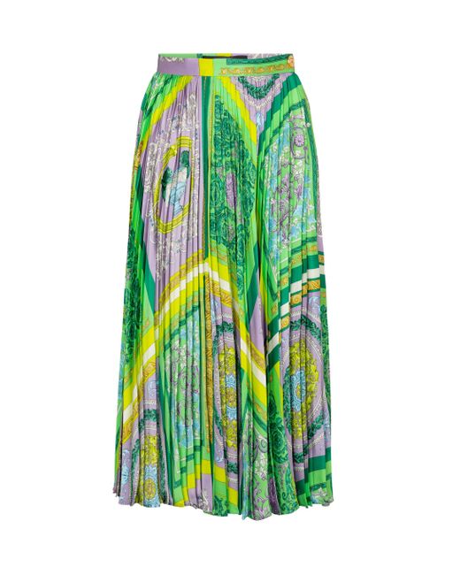 Versace Green Barocco Mosaic Pleated Satin Midi Skirt