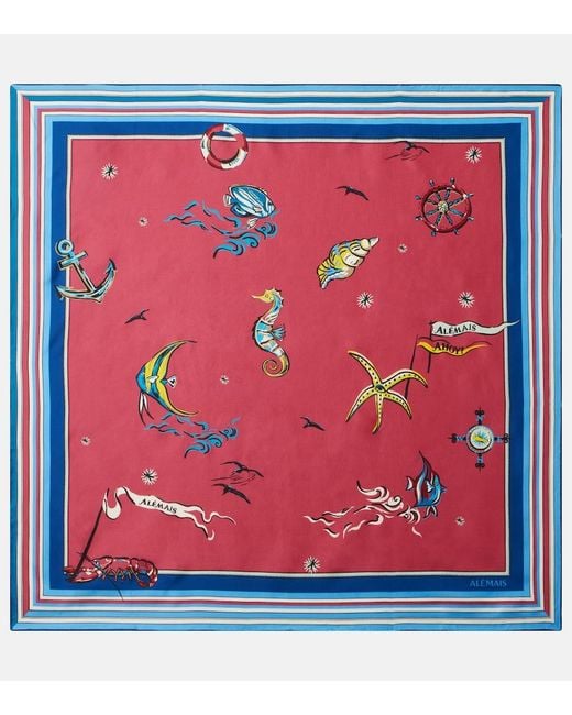 ALÉMAIS Red Printed Silk Twill Scarf