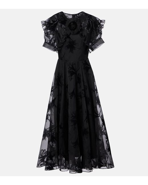 Rodarte Black Ruffled Floral Organza Midi Dress