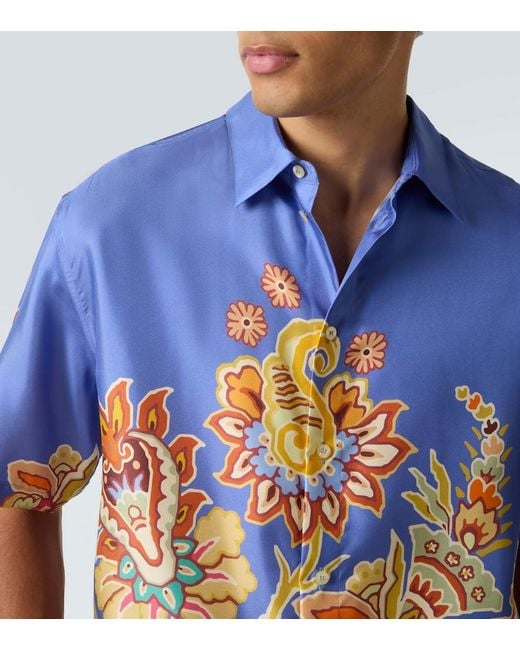 Etro Blue Floral Silk Bowling Shirt for men