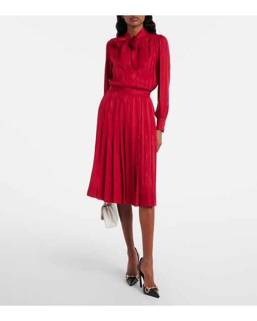 Gucci Red Interlocking G Silk Jacquard Midi Skirt