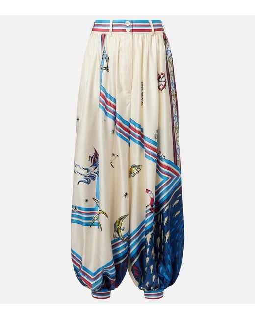 ALÉMAIS Blue Apollo Printed Cropped Silk Satin Balloon Pants