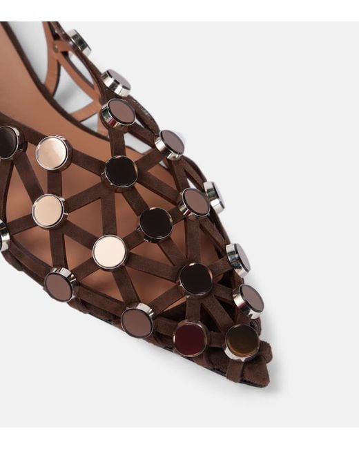 The Attico Brown Grid Embellished Suede Slingback Flats
