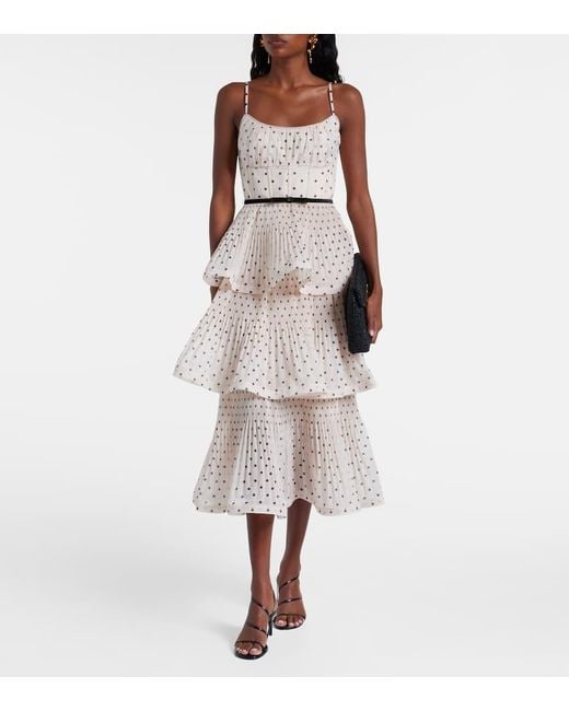 Zimmermann Natural Polka-Dot Tiered Midi Dress