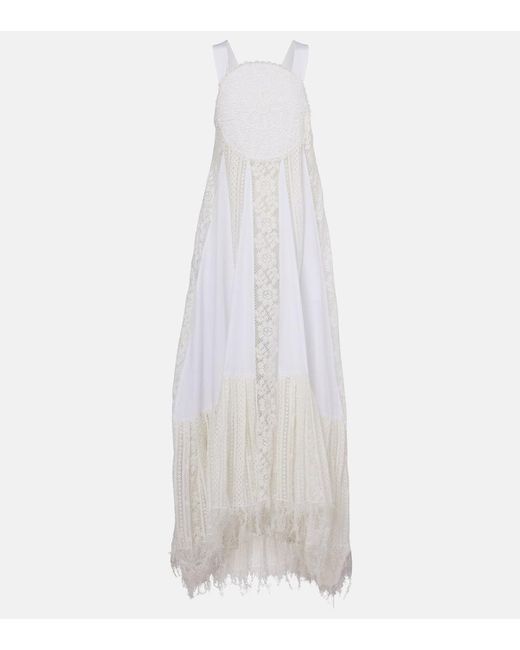 Vestido Largo De Algodon Con Encaje Loewe de color White
