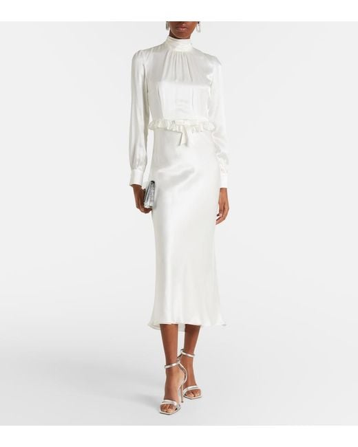 Alessandra Rich White Bow-Detail Ruffled Silk Satin Midi Dress