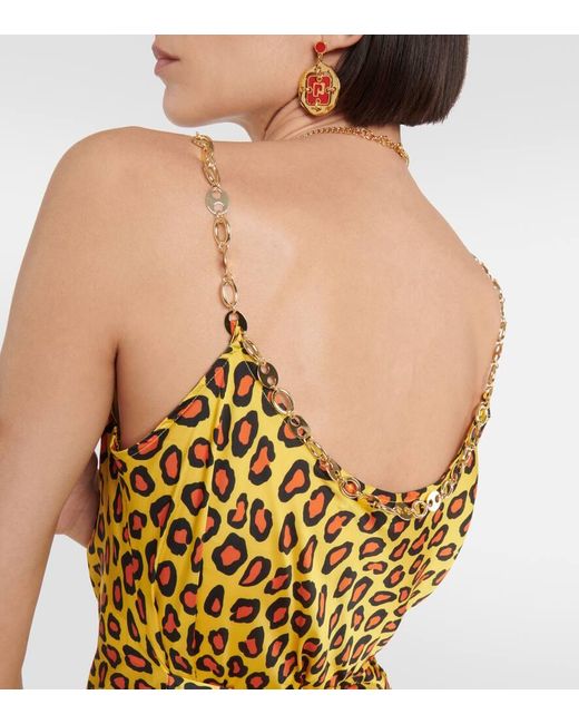 Rabanne Metallic Chain-Detail Leopard-Print Satin Slip Dress