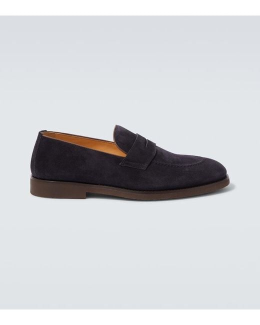 Brunello Cucinelli Blue Suede Penny Loafers for men