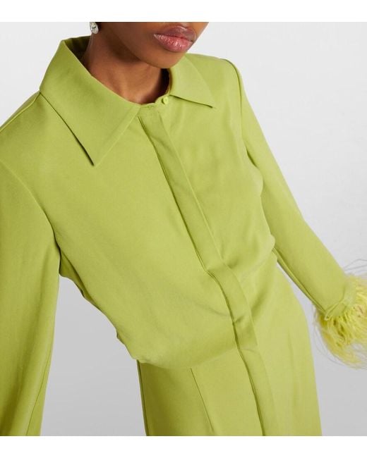 Roland Mouret Green Feather-Trimmed Crepe Satin Shirt Dress