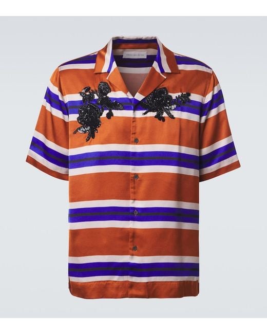 Dries Van Noten Blue Embellished Striped Satin Shirt for men