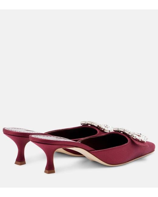 Manolo Blahnik Red Mayjou 50 Crystal-Embellished Satin Mules