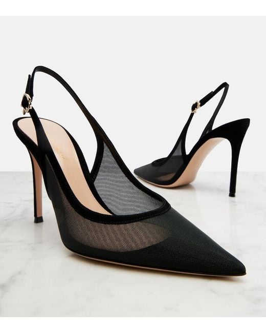 Gianvito Rossi Black Suede-Trimmed Slingback Pumps