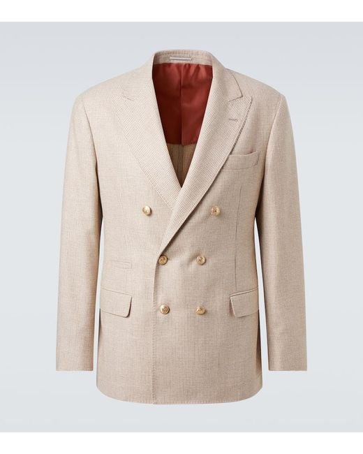 Brunello Cucinelli Natural Houndstooth Cashmere And Silk Suit Jacket for men