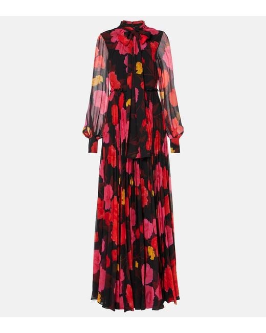 Erdem Red Floral Pleated Voile Gown