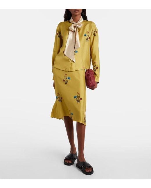 Marni Yellow Floral Silk Midi Skirt