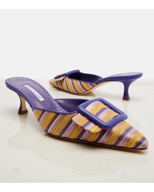 Manolo Blahnik Blue Maysalebi Striped Leather-Trimmed Mules