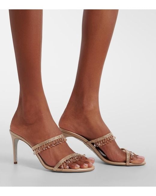 Rene Caovilla Natural Chandelier Embellished Satin Mules