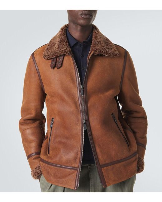 Brunello Cucinelli Brown Shearling-Lined Leather Jacket for men