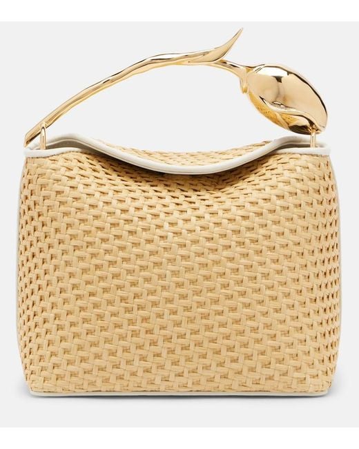 Erdem Metallic Bloom Mini Leather-Trimmed Raffia Top-Handle Bag