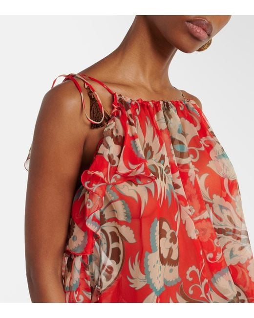 Etro Red Printed Ruffled Silk Top